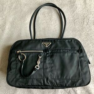 Vintage Prada Tessuto Black Nylon Front Zipper Pocket Mini Boston Bag